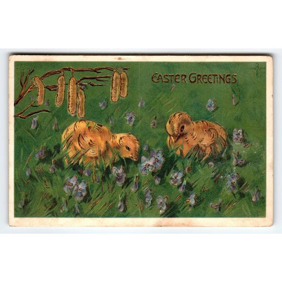Vintage Embossed Easter Postcard with Chicks & Flowers 1910 Germany - Picture 1 of 2